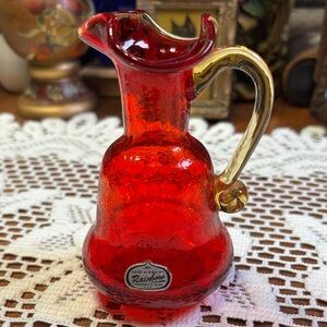 Rainbow Amberina crackled glass pitcher